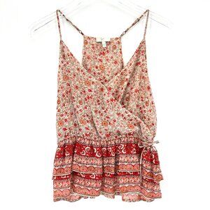 Joie 100% Silk Floral Tank Top Size Small Ruffle Faux Wrap Boho Cottagecore Pink